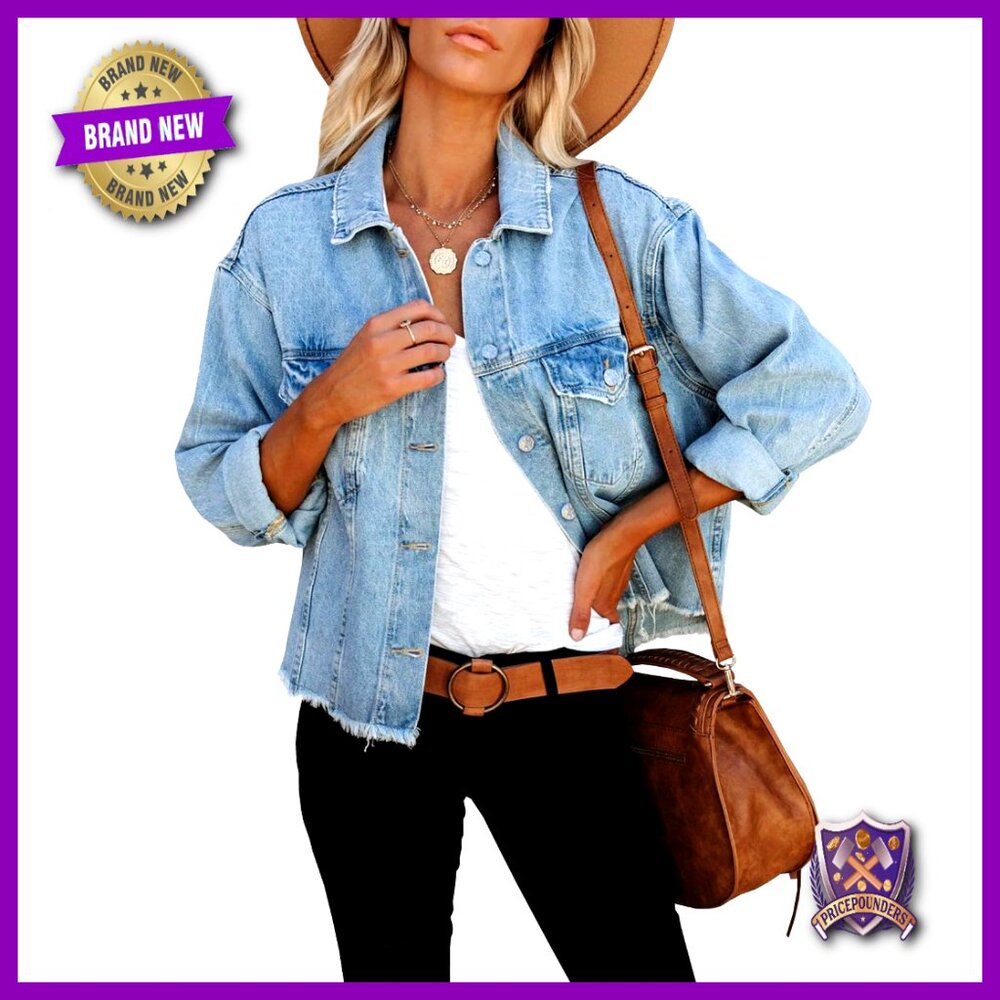 Cropped Denim Jacket Frayed Hem Vintage Y2K Chic Button Up With Pockets